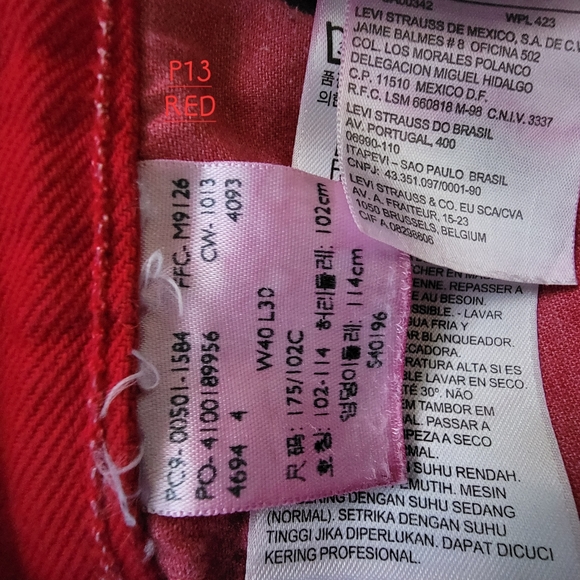 Levi's 501 Button Fly Jeans W40 L30 Red - Picture 9 of 9